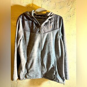 New Balance Gray Hooded Jacket, zipper pockets, mixed textiles for unique design